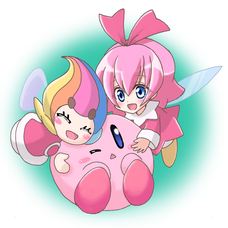 1boy, 2girls, :<, blue_eyes, blush, closed_eyes, elline, fairy