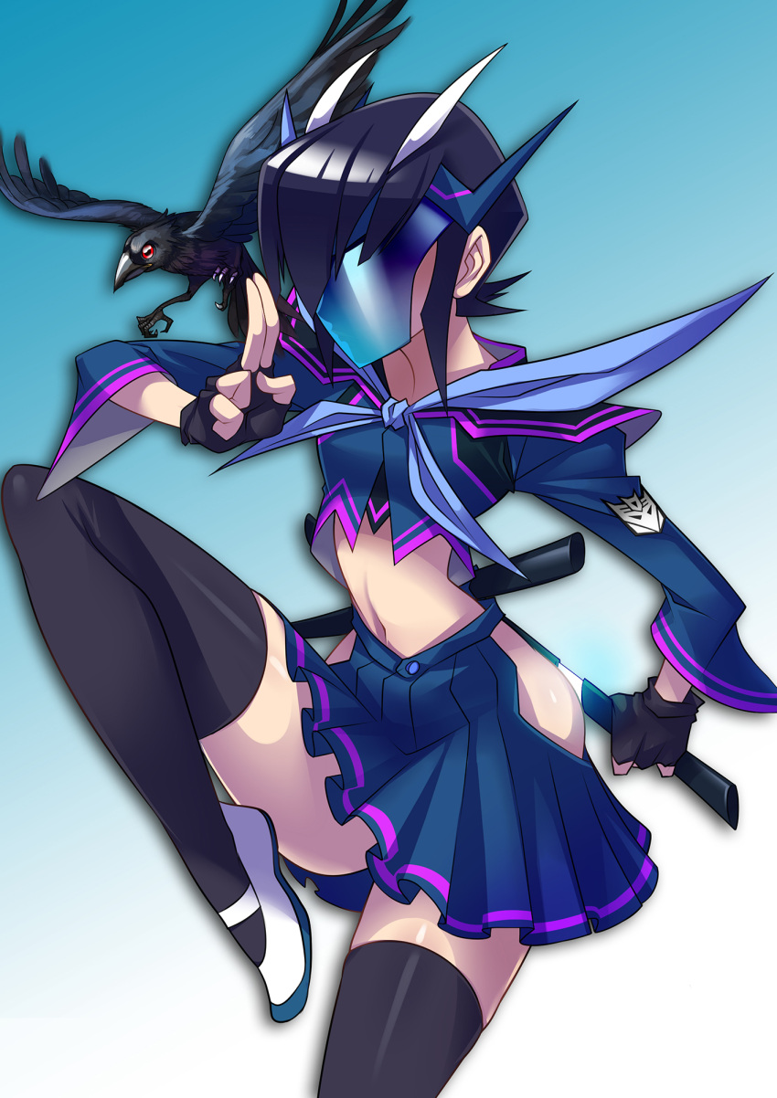 1girl, bird, black_hair, crow, decepticon, female, genderswap, gloves