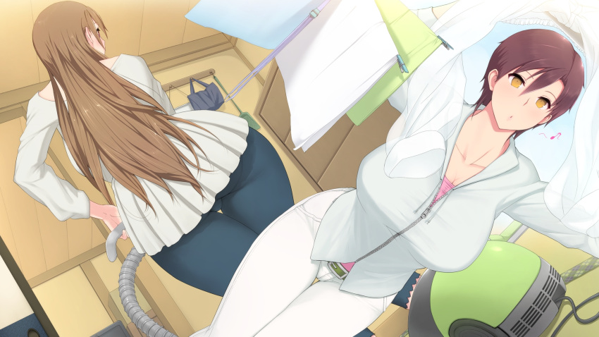 2girls, arms_up, ass, belt, blush, breasts, brown_hair, cleaning
