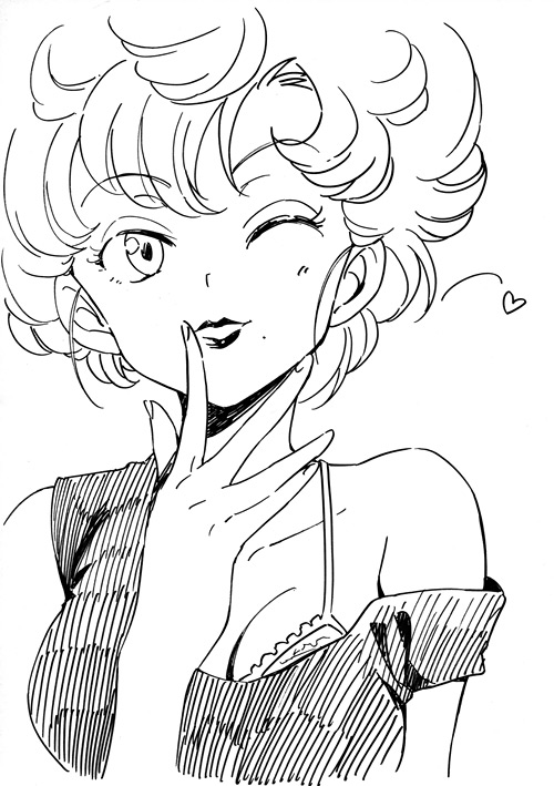 1girl, agahari, bra, breasts, dragon_ball, female, heart, large_breasts, looking_at_viewer, md5_mismatch, monochrome, ranfan, solo, wink