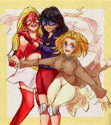 3girls, arrowette, blonde_hair, blue_eyes, cassandra_sandsmark, closed_eyes, dc_comics, domino_mask, female, flying, gloves, goggles, greta_hayes, hand_holding, jacket, looking_at_viewer, lowres, mask, multiple_girls, secret_(dc), shorts, skirt, smile, thigh-highs, white_skirt, wig, wink, wonder_girl, young_justice