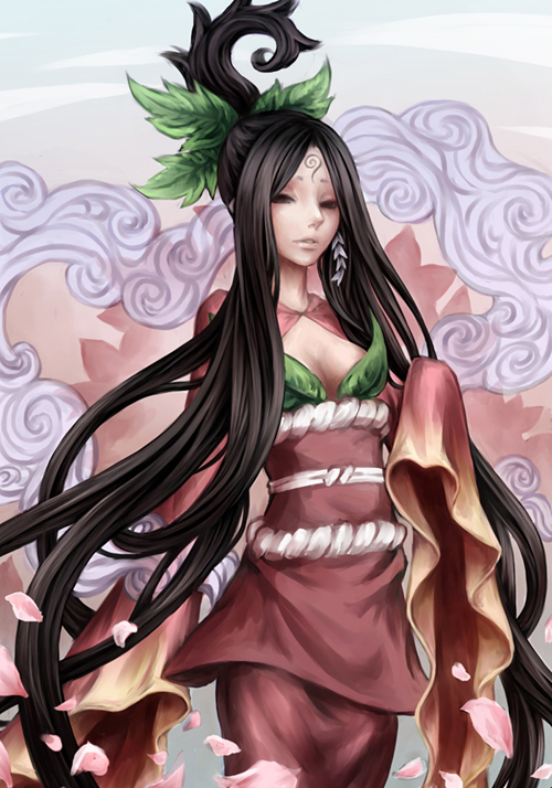 breasts, capcom, cleavage, earrings, hair_ornament, japanese_clothes, jewelry, long_hair