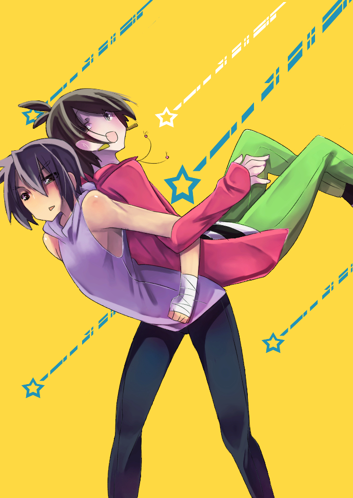 2boys, alternate_costume, aoi_toori, brown_hair, kyoukaisenjou_no_horizon, multiple_boys, noriki, ryou_homare
