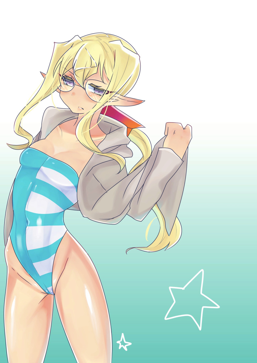 1girl, blonde_hair, elf, female, glasses, kyoukaisenjou_no_horizon, one-piece_swimsuit, pointy_ears