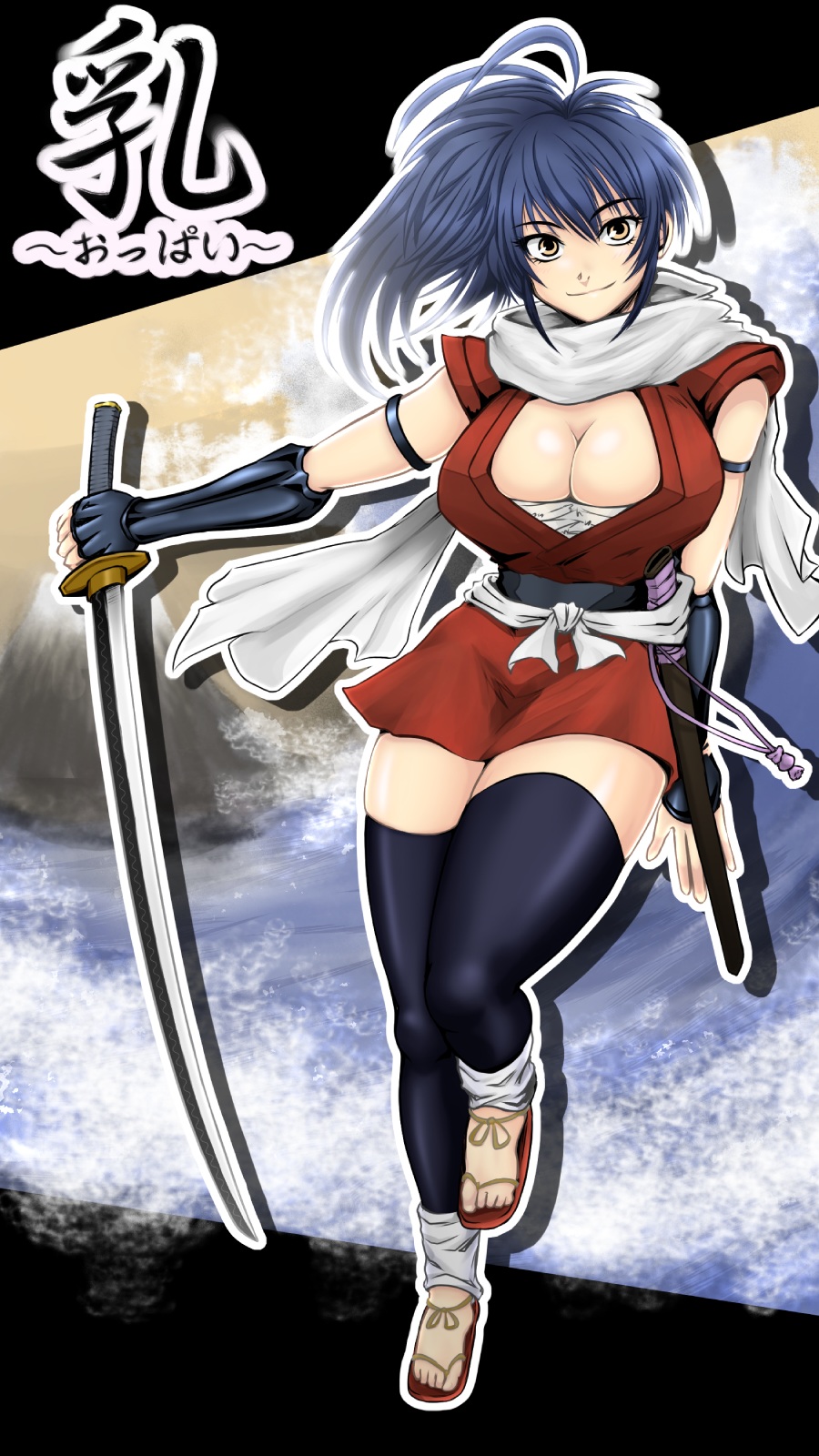 1girl, blue_hair, blue_legwear, breasts, cleavage, japanese_clothes, josei_(kokochiyoihagotae), katana