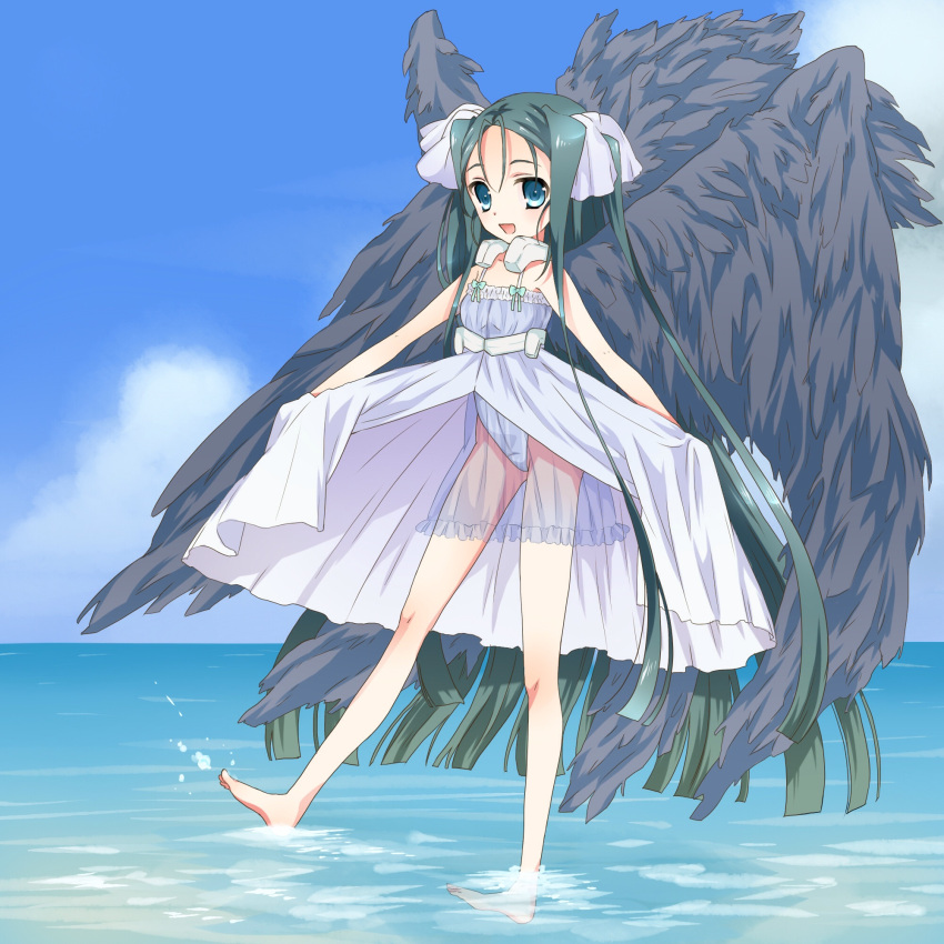1girl, alternate_costume, artist_request, black_hair, blue_eyes, female, highres, kyoukaisenjou_no_horizon, long_hair, malga_naruze, see-through, smile, solo, very_long_hair, wings