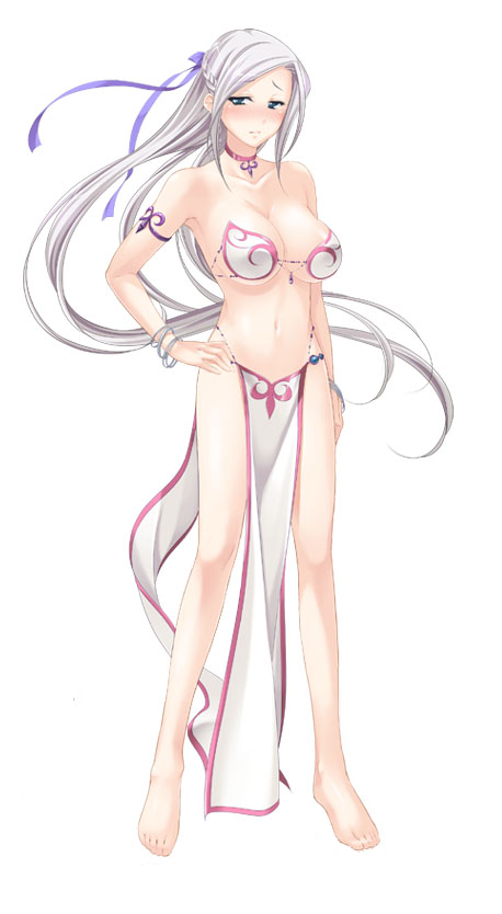 1girl, armor, barefoot, bikini, bikini_armor, blue_eyes, breasts, feet