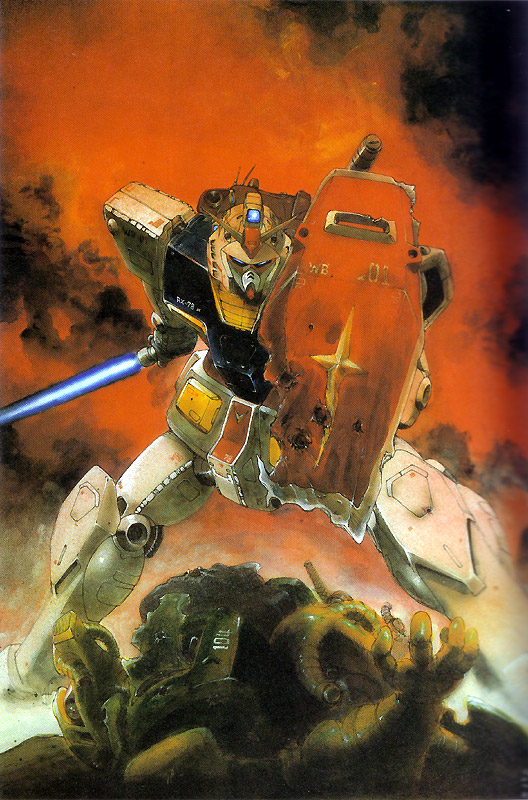 damaged, energy_sword, gundam, kazuhisa_kondo, mecha, mobile_suit_gundam, official_art, rx-78-2, shield, sword, weapon, zaku