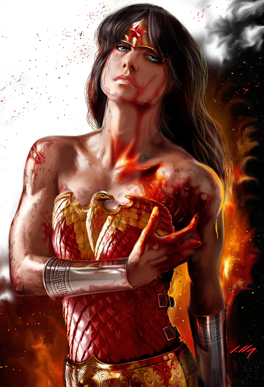 1girl, amazon, armor, axlsalles, belt, black_hair, blood, blood_on_face, blue_eyes, dc_comics, eagle_(symbol), fire, injury, looking_at_viewer, muscle, realistic, reflection, scale_armor, solo, star, strapless, tiara, vambraces, wonder_woman, wonder_woman_(series)