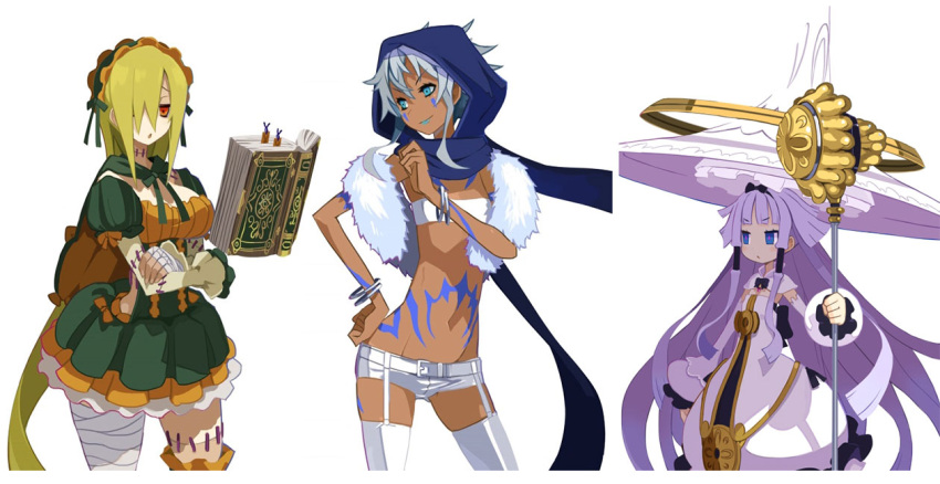 3girls, bandage, blonde_hair, blue_eyes, blue_hair, bodypaint, book, bookmark