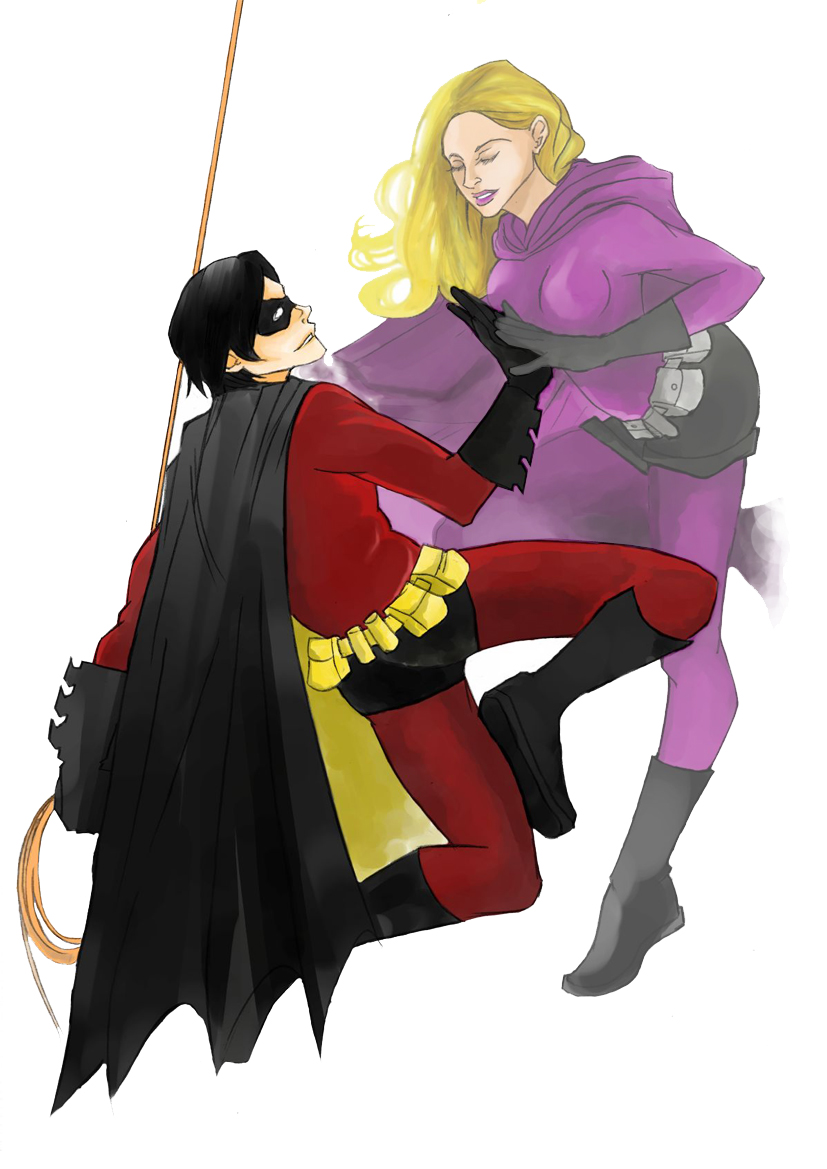 1boy, 1girl, batman_(series), belt, black_hair, black_shoes, blonde_hair, bodysuit