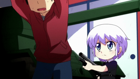 1boy, 1girl, animated, animated_gif, door, grey_hair, gun, ichijinsha