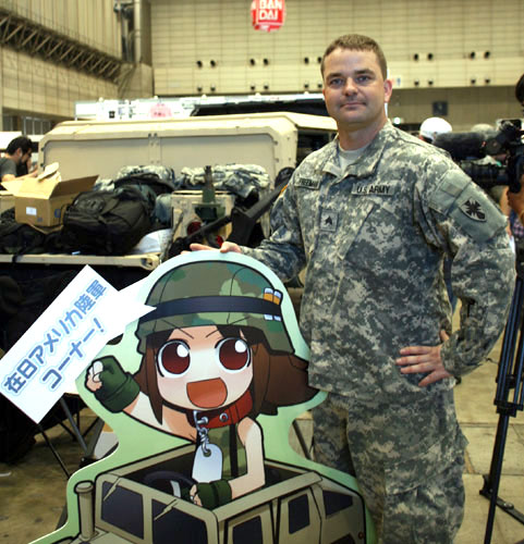 1boy, 1girl, army-san, army-tan, bandai, camouflage, display, ground_vehicle