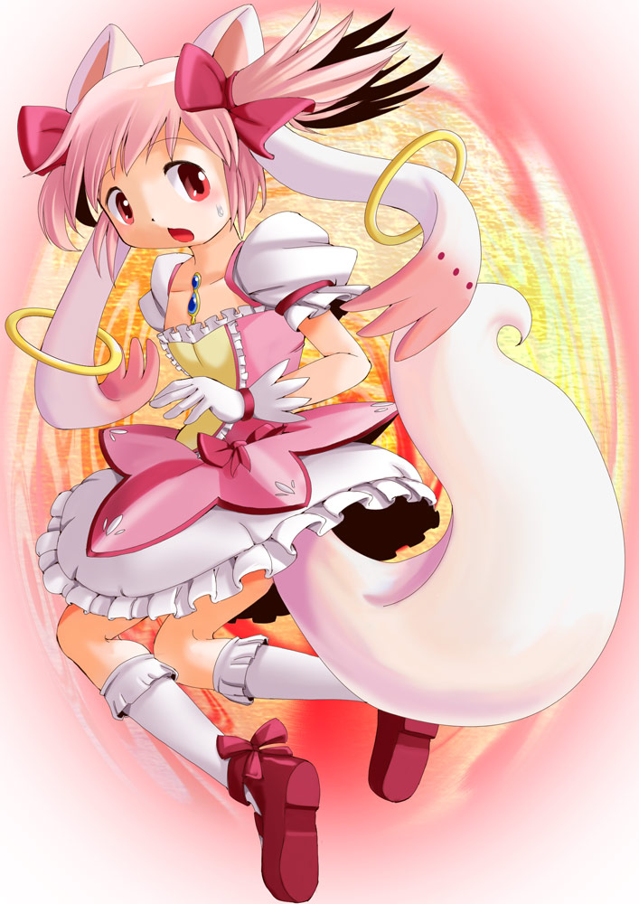 1girl, edmol, gloves, kaname_madoka, kyubey, mahou_shoujo_madoka_magica, pink_eyes, pink_hair, solo, transformation