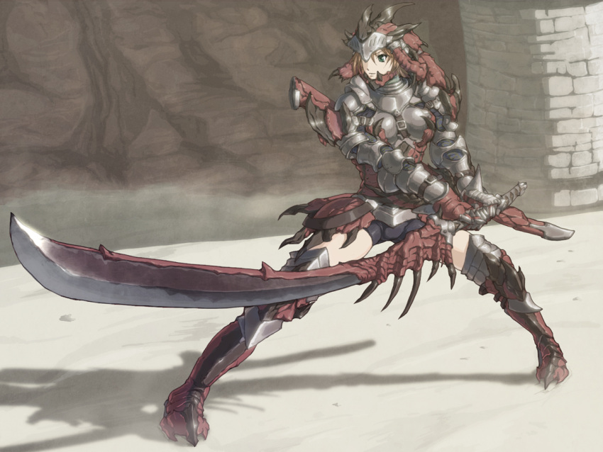 1girl, armor, brown_hair, capcom, female, helmet, longsword, monster_hunter