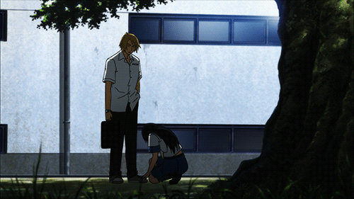1boy, 1girl, animated, animated_gif, black_hair, blonde_hair, denpa_teki_na_kanojo, juuzawa_juu