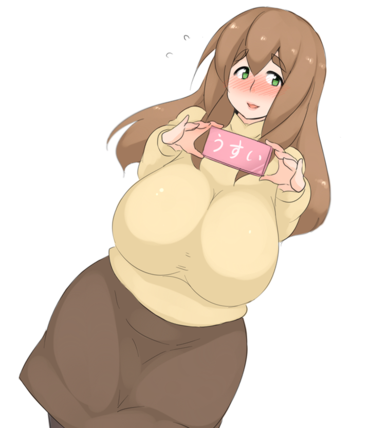 1girl, blush, breasts, brown_hair, eyebrows, female, green_eyes, huge_breasts