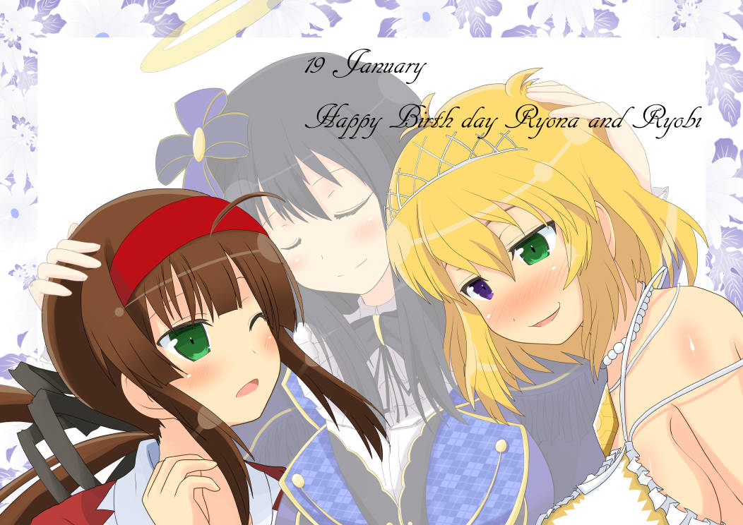 ahoge, black_hair, blonde_hair, blush, brown_hair, green_eyes, halo, long_hair