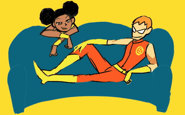 1boy, 1girl, black_hair, bumble_bee, couch, dark_skin, dc_comics, domino_mask