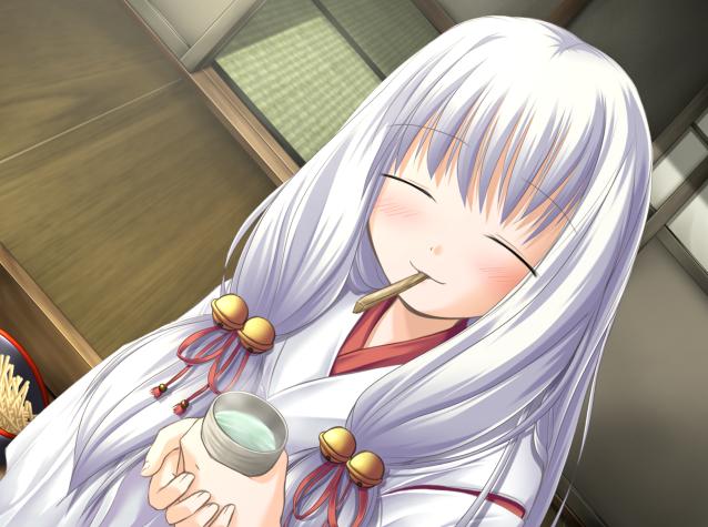 bell, blush, closed_eyes, dutch_angle, game_cg, japanese_clothes, long_hair, miko