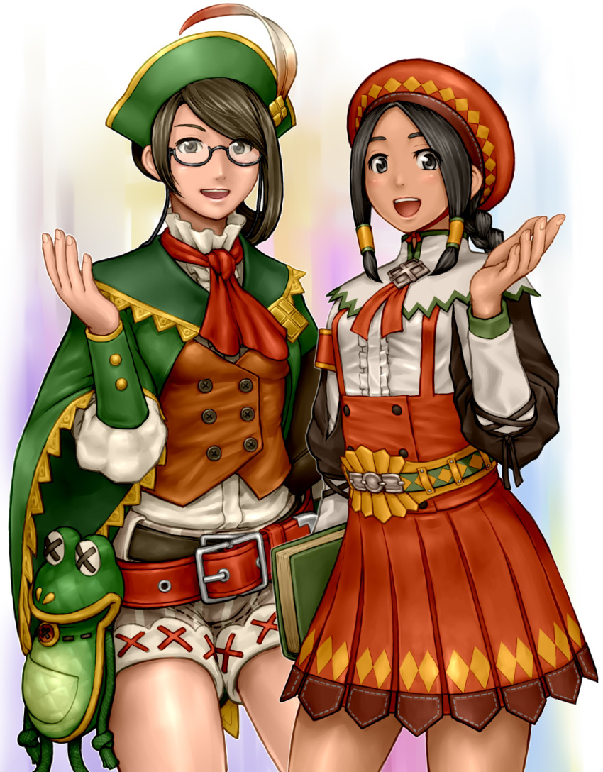 2girls, bare_legs, belt, black_hair, book, brown_eyes, brown_hair, capcom