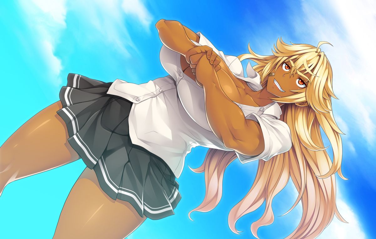 bandage, blonde_hair, breasts, dark_skin, denkishowgun, erectlip, gakuen_no_ikenie_nagusami_mono_to_kashita_kyonyuu_furyou_shoujo_~hakudaku_ni_okasareru_kasshoku_&amp;_daniku_no_kyouen~, huge_breasts