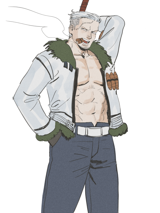 1boy, belt, cigar, gloves, hand_in_pocket, jacket, jitte, male_focus