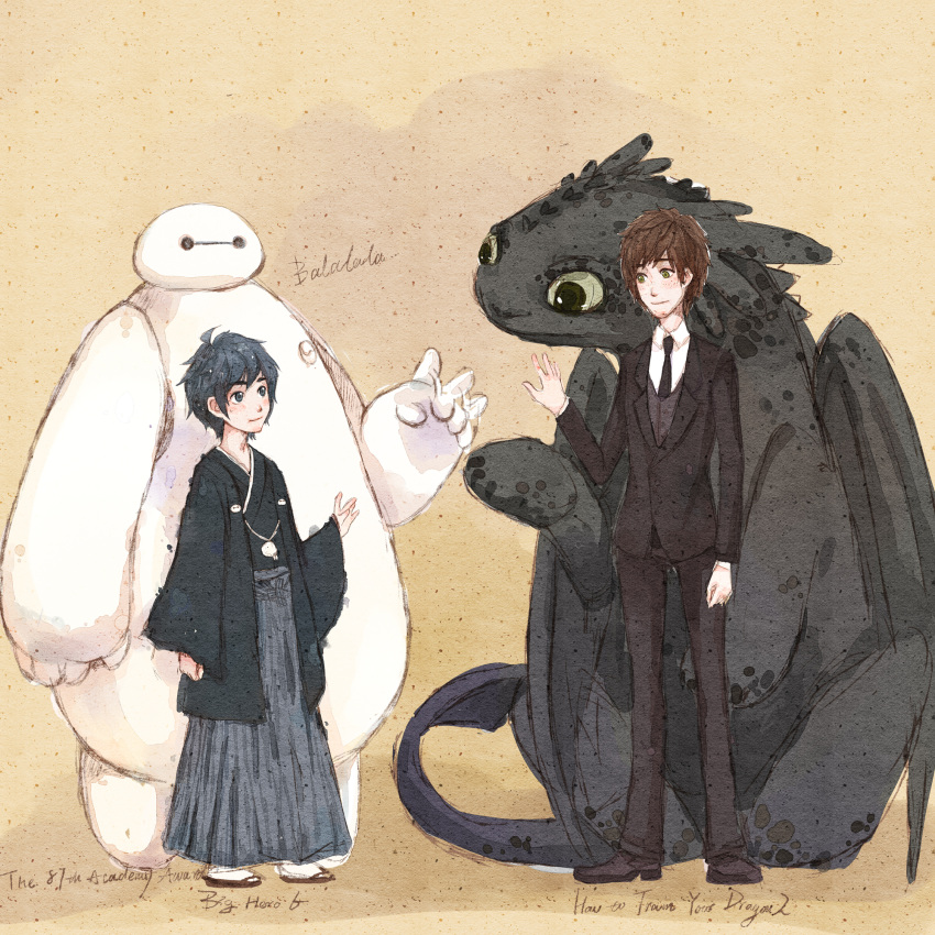 2boys, 2others, baymax, big_hero_6, crossover, disney, dragon, dreamworks