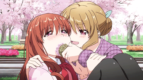 2girls, animated, animated_gif, brown_hair, eating, feeding, food, force_feeding