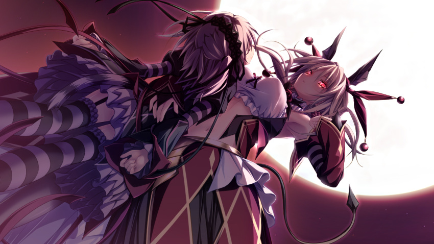 2girls, bare_shoulders, closed_mouth, demon_tail, detached_sleeves, frilled_legwear, frills, full_moon