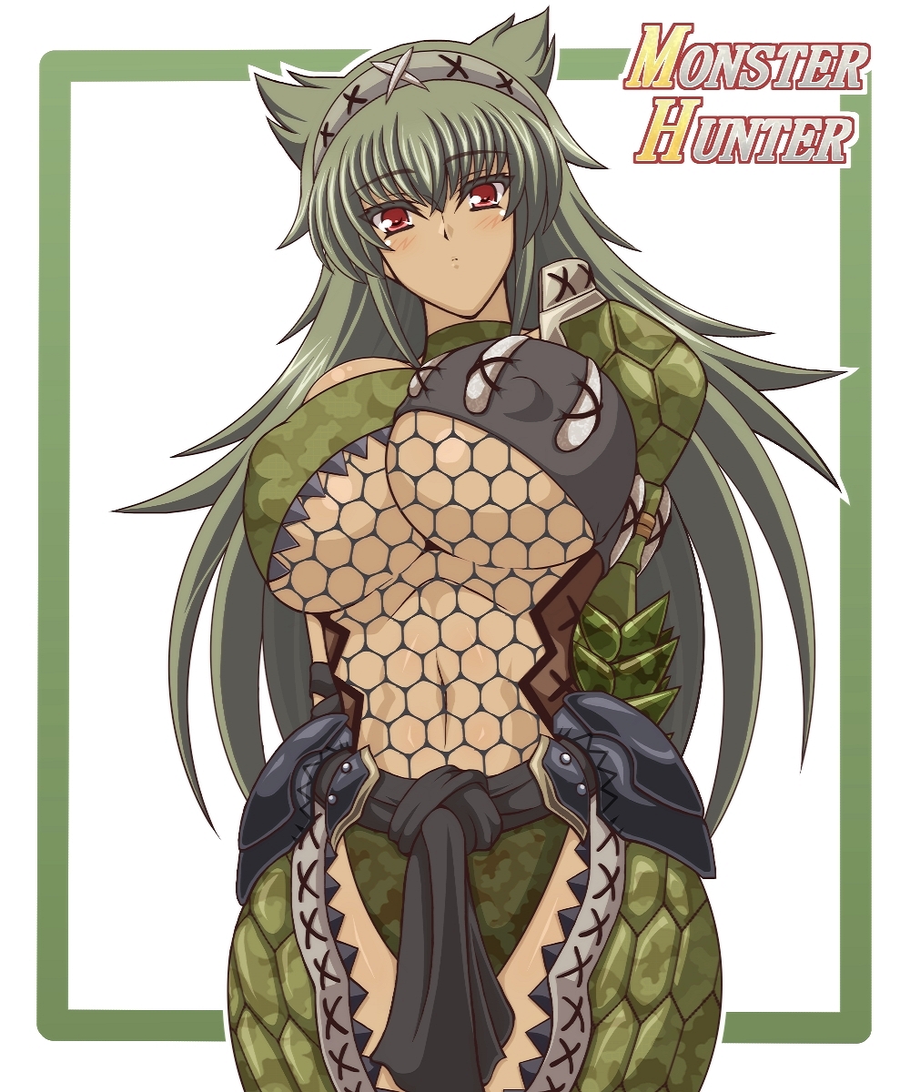 1girl, animal_ears, armor, breasts, capcom, collar, female, fishnets, green_hair, green_nargacuga_(armor), hairband, huge_breasts, kano-0724, monster_hunter, navel, red_eyes, solo, under_boob