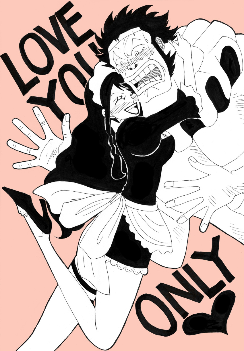 1boy, 1girl, baby_5, dress, dressrosa, highres, hug, maid, maid_headdress, one_piece, sai_(one_piece), smile, surprised