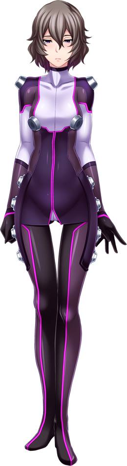 1girl, black_hair, body_suit, breasts, full_body, hyouryuu_kangoku_chronos, lilith-soft, manuela_(chronos), short_hair, small_breasts, space_suit, suit, violet_eyes