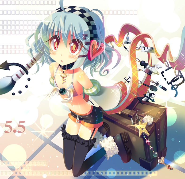 bikini_top, blue_hair, boots, collar, detached_sleeves, flat_chest, hair_ornament, hairband, hairclip, midriff, navel, original, photoshop-tan, product_girl, red_eyes, short_hair, shorts, suitcase, thigh-highs, thighhighs, yamadori_yoshitomo