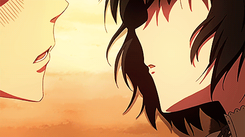 1boy, 2girls, animated, animated_gif, black_eyes, maji_moji_rurumo, multiple_girls, rurumo