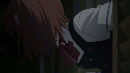 1girl, animated, animated_gif, another, blood, blood_on_face, brown_hair, crazy_smile