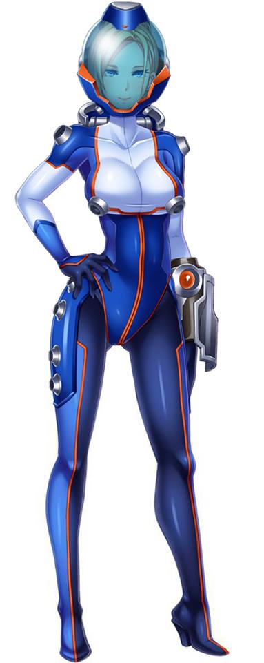 1girl, arm_cannon, blonde_hair, blue_eyes, bodysuit, breasts, butcha-u, emina_(chronos), full_body, helmet, high_heels, hyouryuu_kangoku_chronos, large_breasts, lilith-soft, long_hair, mole, solo, space_suit, weapon, white_background