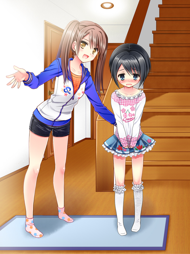1boy, 1girl, black_hair, blue_eyes, blush, brother_and_sister, brown_hair, crossdressinging, embarrassed, femdom, hana_(apple_water), indoors, kazamatsuri_kazuha, kazamatsuri_rio, kneehighs, looking_at_viewer, open_mouth, siblings, skirt, standing, trap, yellow_eyes