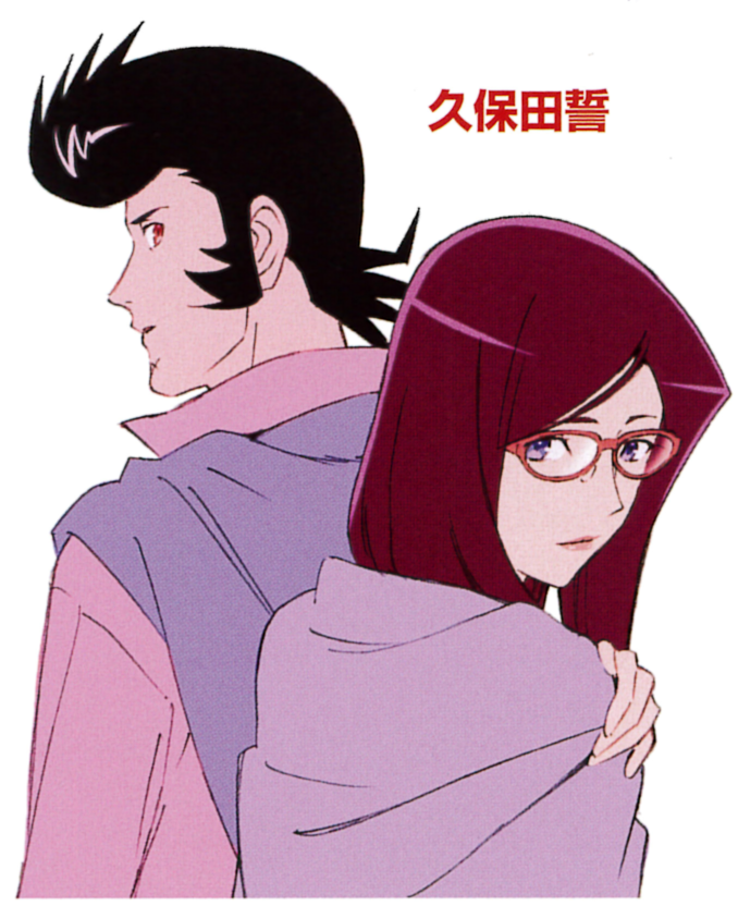 1boy, 1girl, alternate_hairstyle, back-to-back, dandy_(space_dandy), glasses, official_art, pompadour