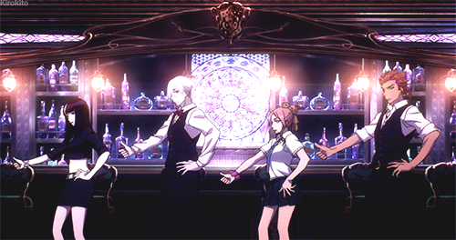 2boys, 2girls, animated, animated_gif, chiyuki_(death_parade), dancing, death_parade, decim_(death_parade)