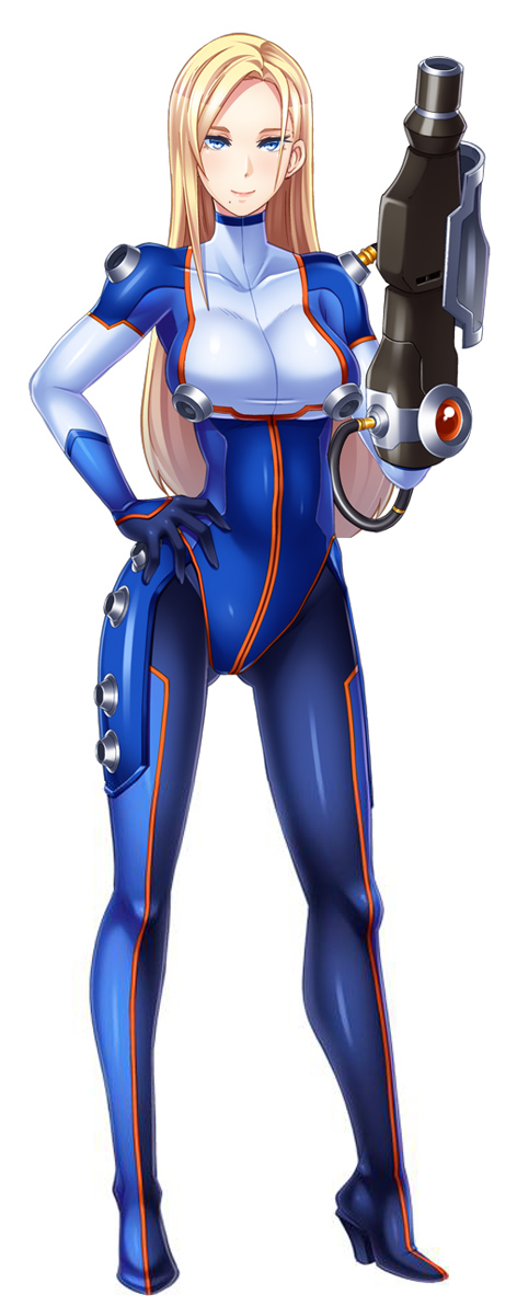 1girl, arm_cannon, blonde_hair, blue_eyes, bodysuit, breasts, butcha-u, emina_(chronos), full_body, high_heels, hyouryuu_kangoku_chronos, large_breasts, lilith-soft, long_hair, mole, solo, space_suit, weapon, white_background