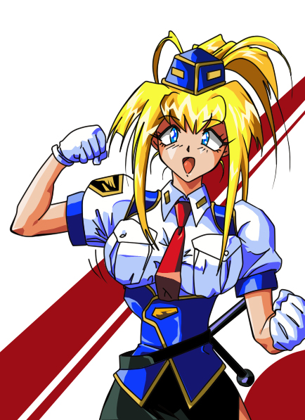 1girl, 90s, bangs, belt, between_breasts, blonde_hair, blue_eyes, breasts