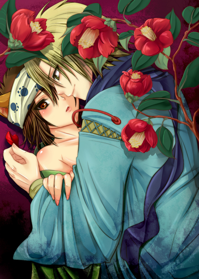 2boys, blush, flower, headband, kubinashi, long_nails, male_focus, multiple_boys
