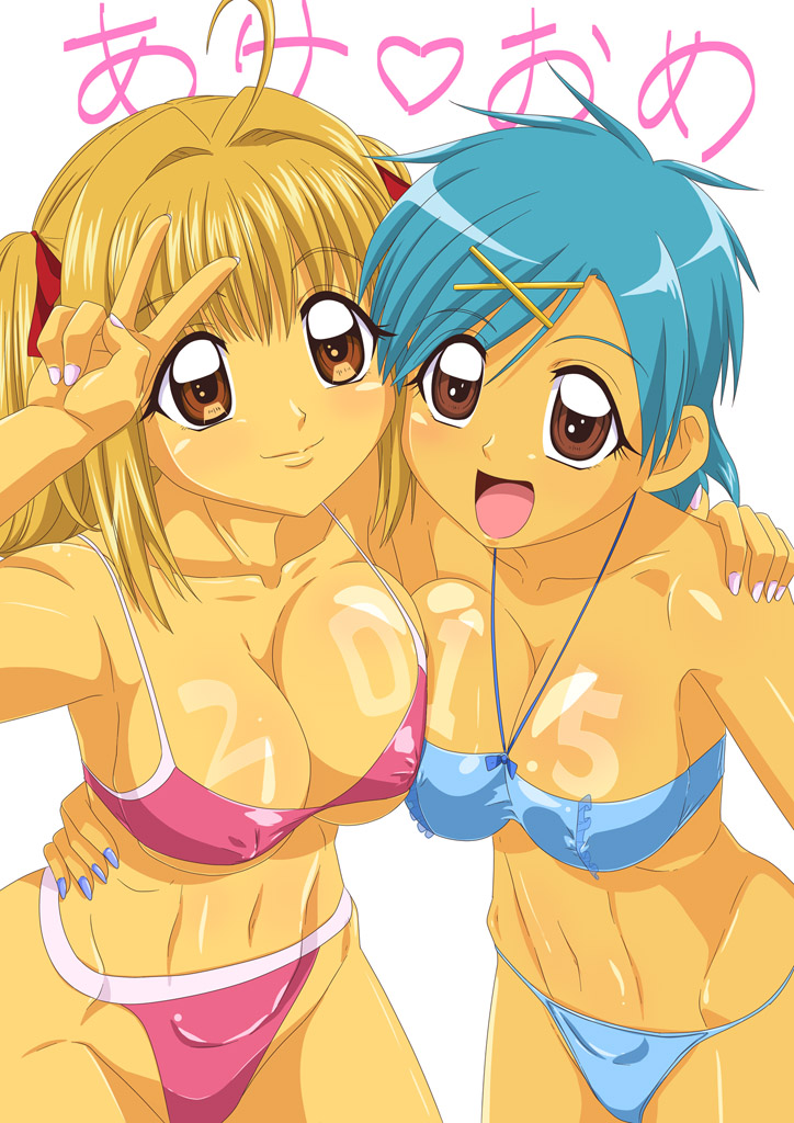 00s, 10s, 2015, 2girls, akai_shinju, akeome, ankoku_tiger, bikini