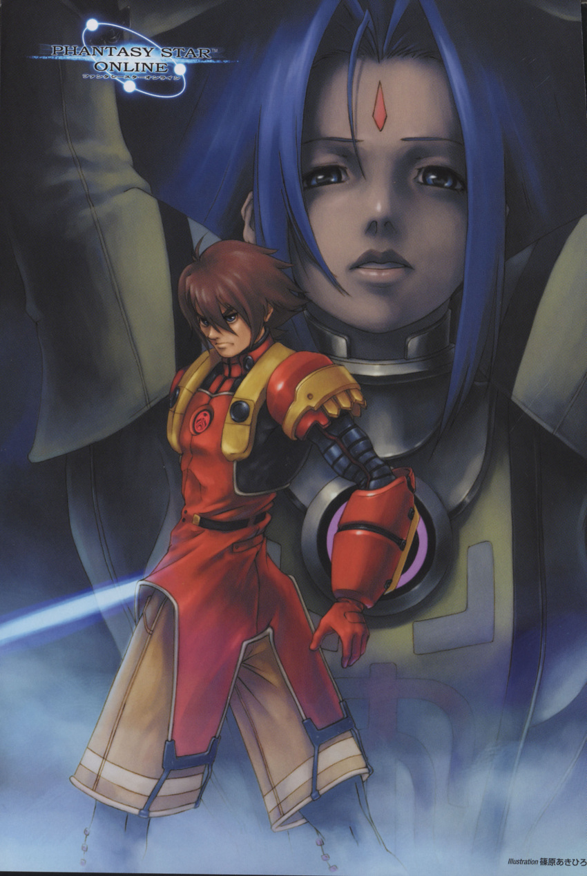 1boy, 1girl, absurdres, armor, ash, blue_eyes, blue_hair, brown_hair, force, highres, humar, phantasy_star, phantasy_star_online, sega, short_hair, weapon