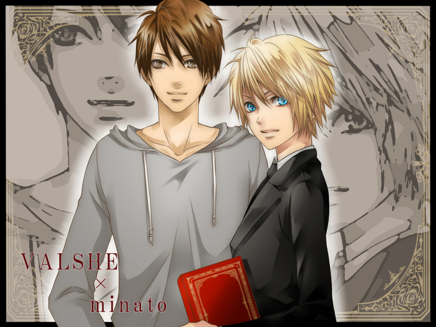 1boy, 1girl, blue_eyes, book, child, hakuseki, hood, hoodie, necktie, niconico, pixie_cut, short_hair, tourai_(nico_nico_douga), valshe