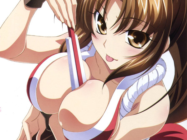 1girl, artist_request, between_breasts, blush, breasts, brown_eyes, brown_hair, cleavage