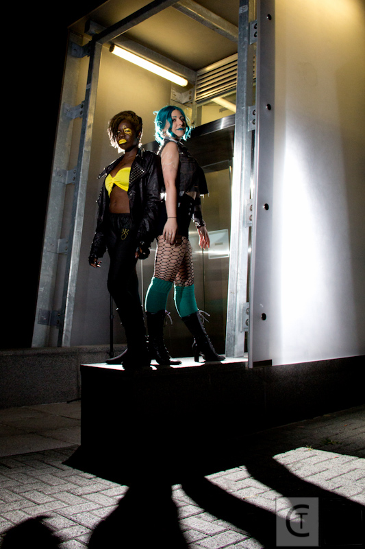 2girls, adapted_costume, aqua_hair, bishoujo_senshi_sailor_moon, boots, cosplay, female, full_body, high_heel_boots, high_heels, jacket, jay_justice, kaiou_michiru, lipstick, long_sleeves, makeup, midriff, multiple_girls, nocturnalice, pants, patterned_legwear, photo, punk, sailor_neptune, sailor_uranus, shadow, shorts, standing, ten'ou_haruka, vest