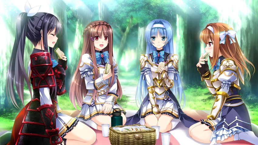 1boy, 3girls, armor, basket, blue_eyes, blue_hair, braid, brown_hair, closed_eyes, crossdressinging, cup, eating, food, forest, game_cg, grass, hair_ribbon, hairband, happy, kidou_kaede, kimishima_ao, kneeling, legs, long_hair, mitsu_king, multiple_girls, nature, ninomiya_mikoto, open_mouth, orange_hair, otome_ga_kanaderu_koi_no_aria, picnic, ponytail, purple_hair, red_eyes, ribbon, sandwich, skirt, smile, socks, sunlight, thighs, trap, tree, tsukahara_izumi, yukishiro_kotori, zinno