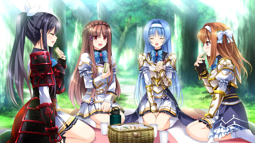 1boy, 3girls, armor, basket, blue_hair, braid, brown_hair, closed_eyes